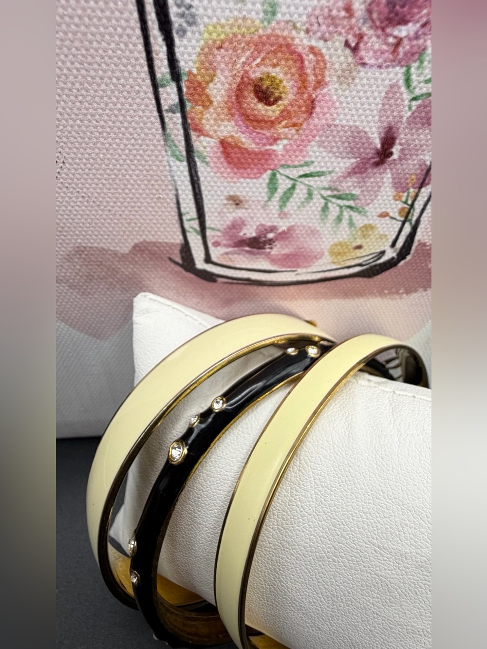 LOFT Cream and Black Enamel Bangle Set with Crystal Accents
